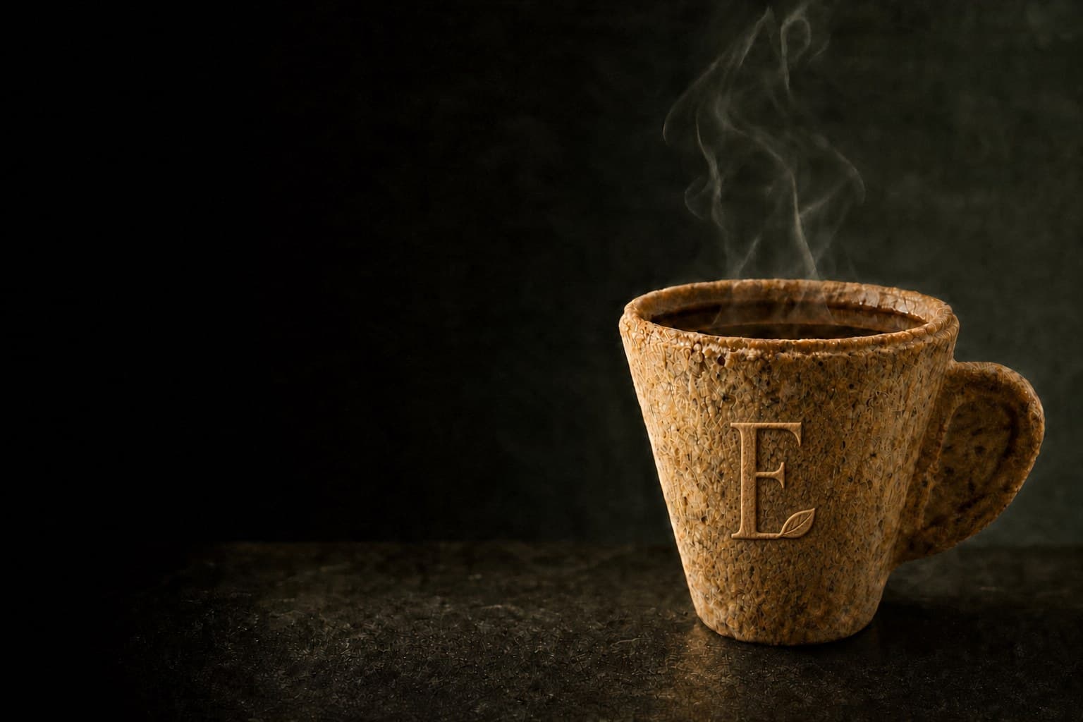 Taza comestible Ecotaza con café recién servido, en primer plano sobre fondo oscuro