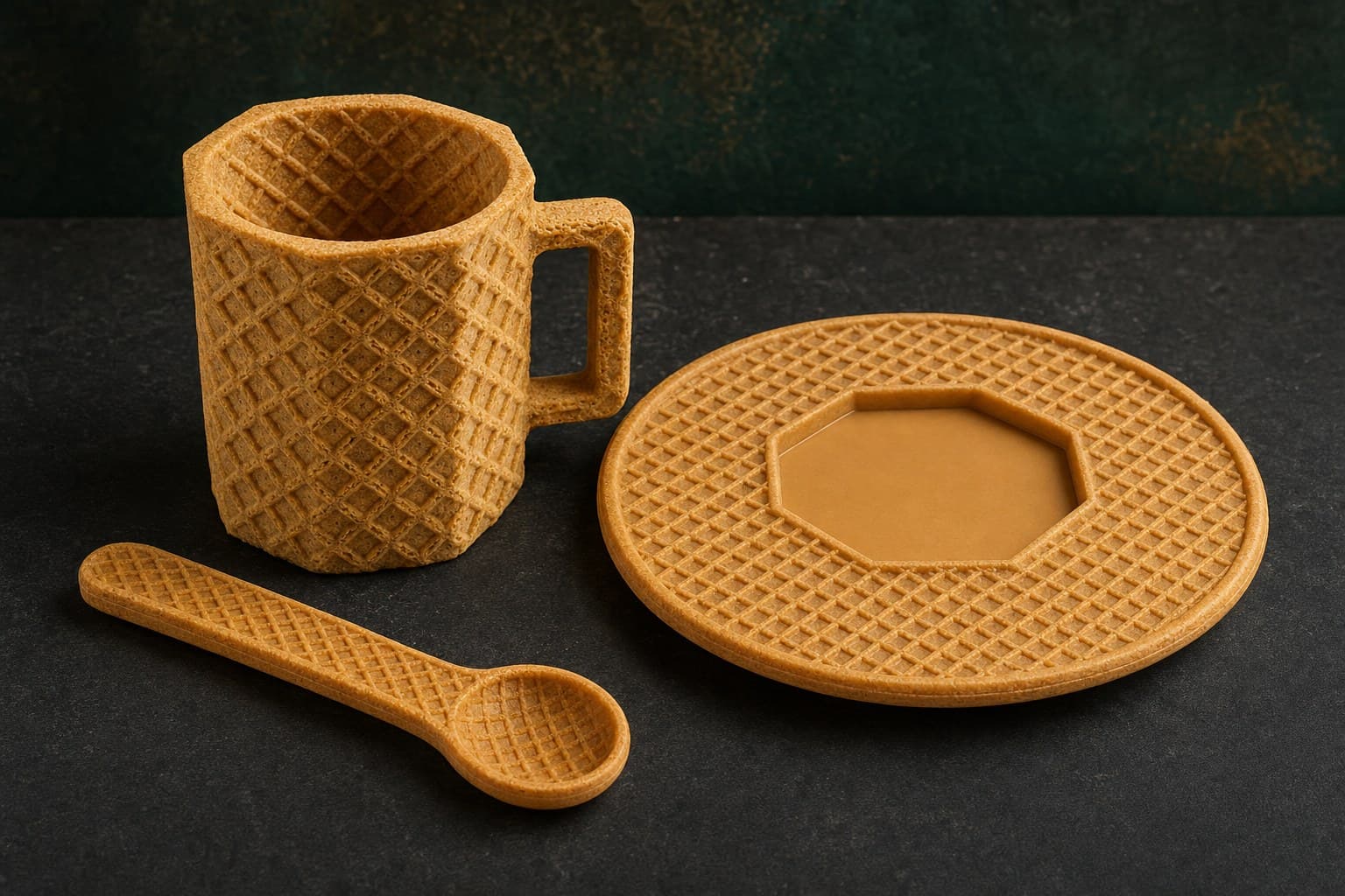 El kit Ecotaza completo — taza cucurucho, cuchara y plato comestibles dispuestos como un set sobre piedra oscura